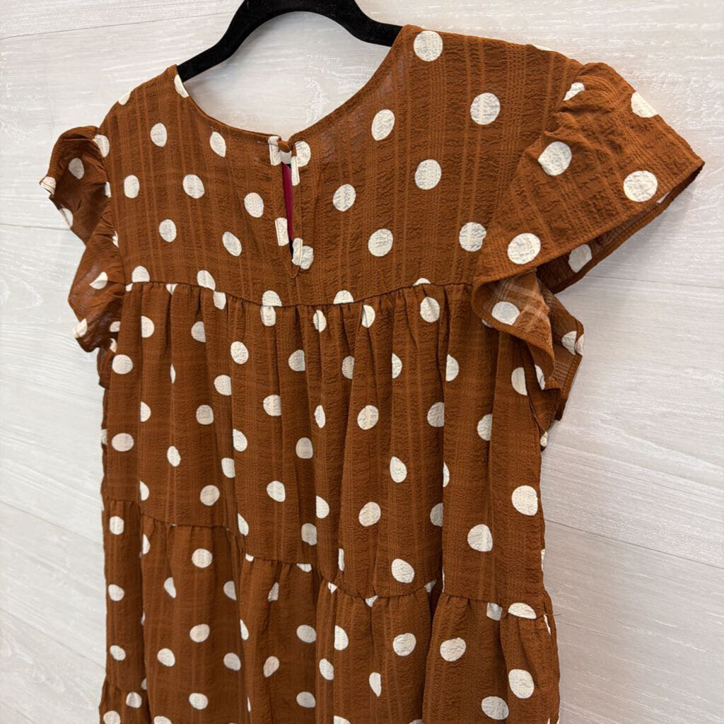 Mine Brown/ White Polka Dot Short Flutter Sleeve Dress Large