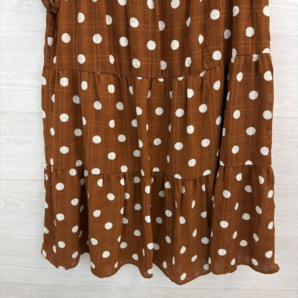 Mine Brown/ White Polka Dot Short Flutter Sleeve Dress Large