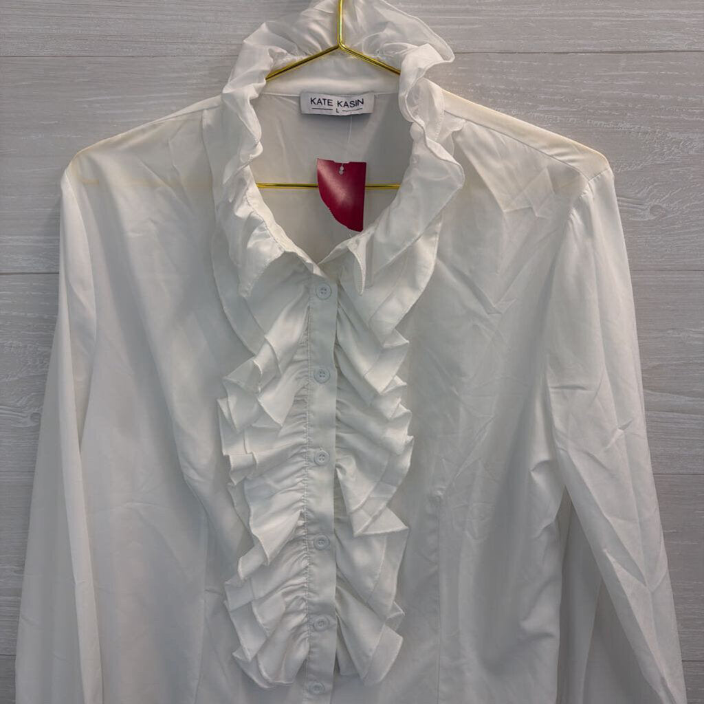 Kate Kasin White Ruffle Long Sleeve Button Front Top Large