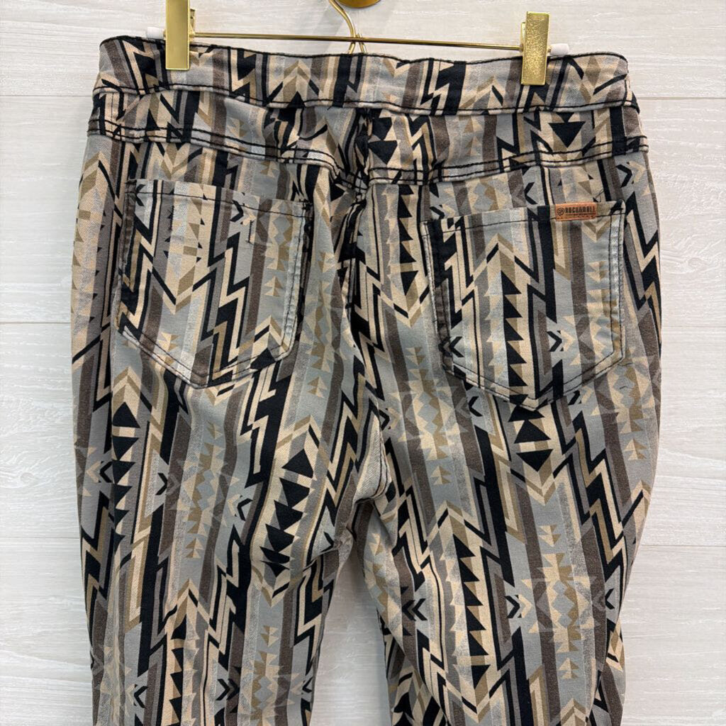 Rock and Roll Denim Grey Print/ Black Denim Reversible Flare Leg Jeans Extra Large