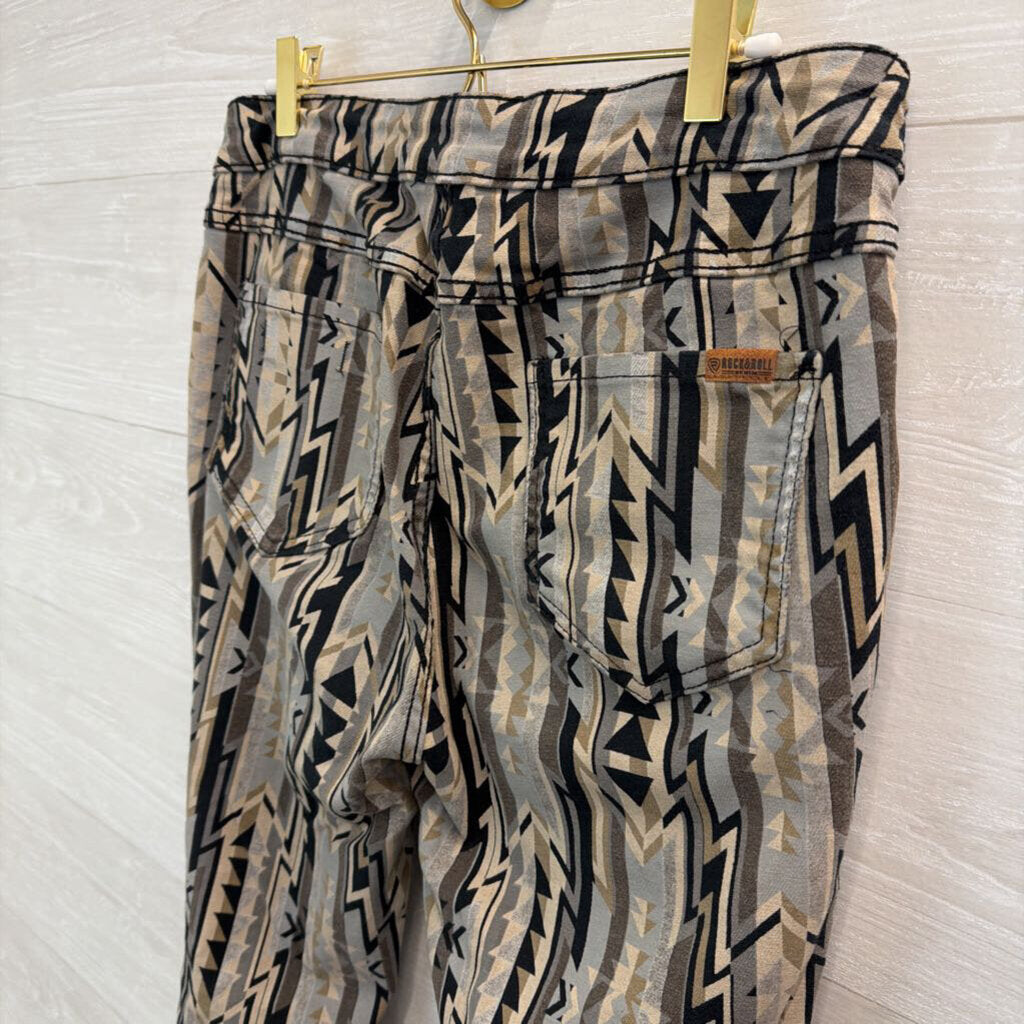 Rock and Roll Denim Grey Print/ Black Denim Reversible Flare Leg Jeans Extra Large