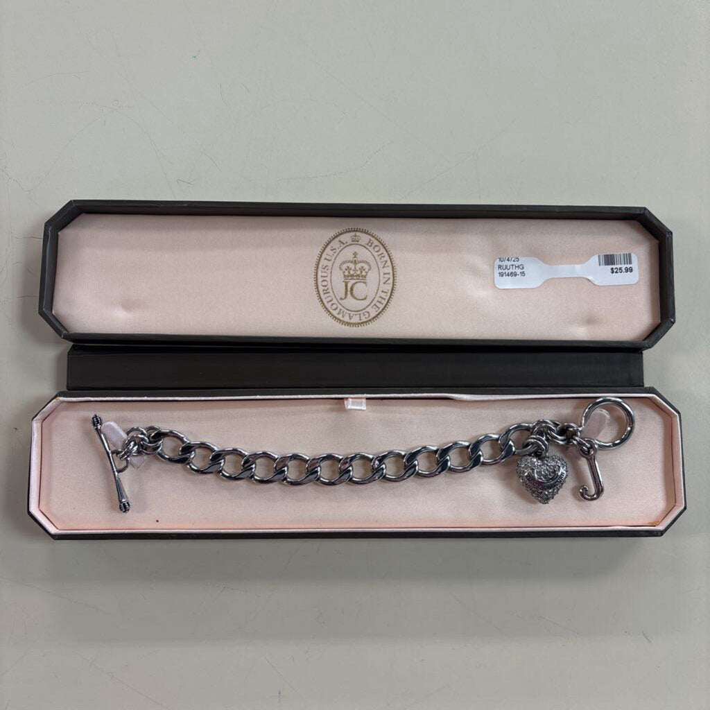Juicy Couture Silver Curb Link Pave Crystal Heart Charm Bracelet