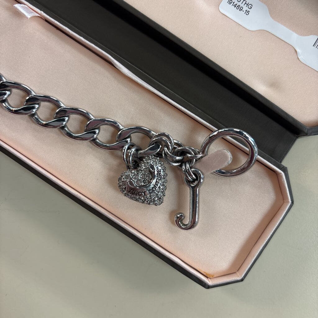 Juicy Couture Silver Curb Link Pave Crystal Heart Charm Bracelet