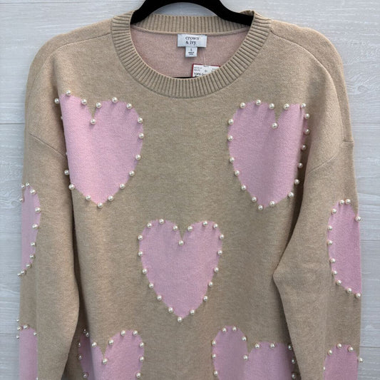 Beige/ Pink Pearl Outline Heart Print Sweater Top Large