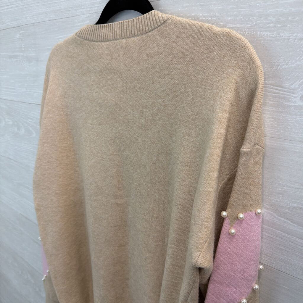 Beige/ Pink Pearl Outline Heart Print Sweater Top Large
