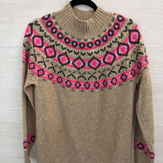 Loft Brown/ Pink Print Long Sleeve Mock Neck Sweater Dress Medium