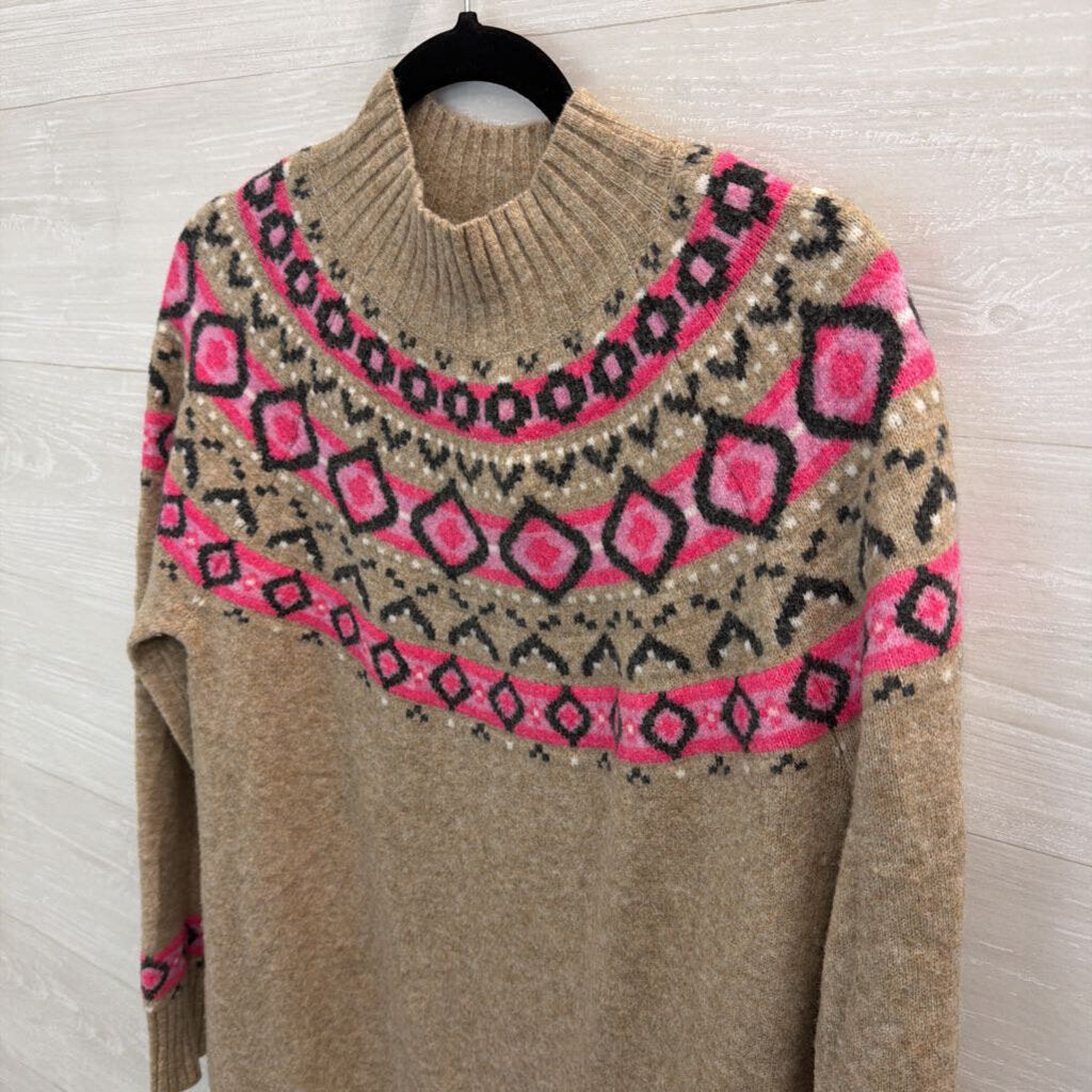 Loft Brown/ Pink Print Long Sleeve Mock Neck Sweater Dress Medium