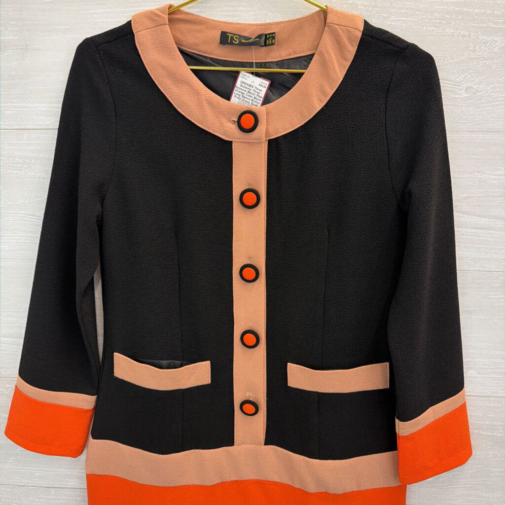 Three Seasons Black/ Pink/ Orange Color Block Long Sleeve Button Front Dress Small