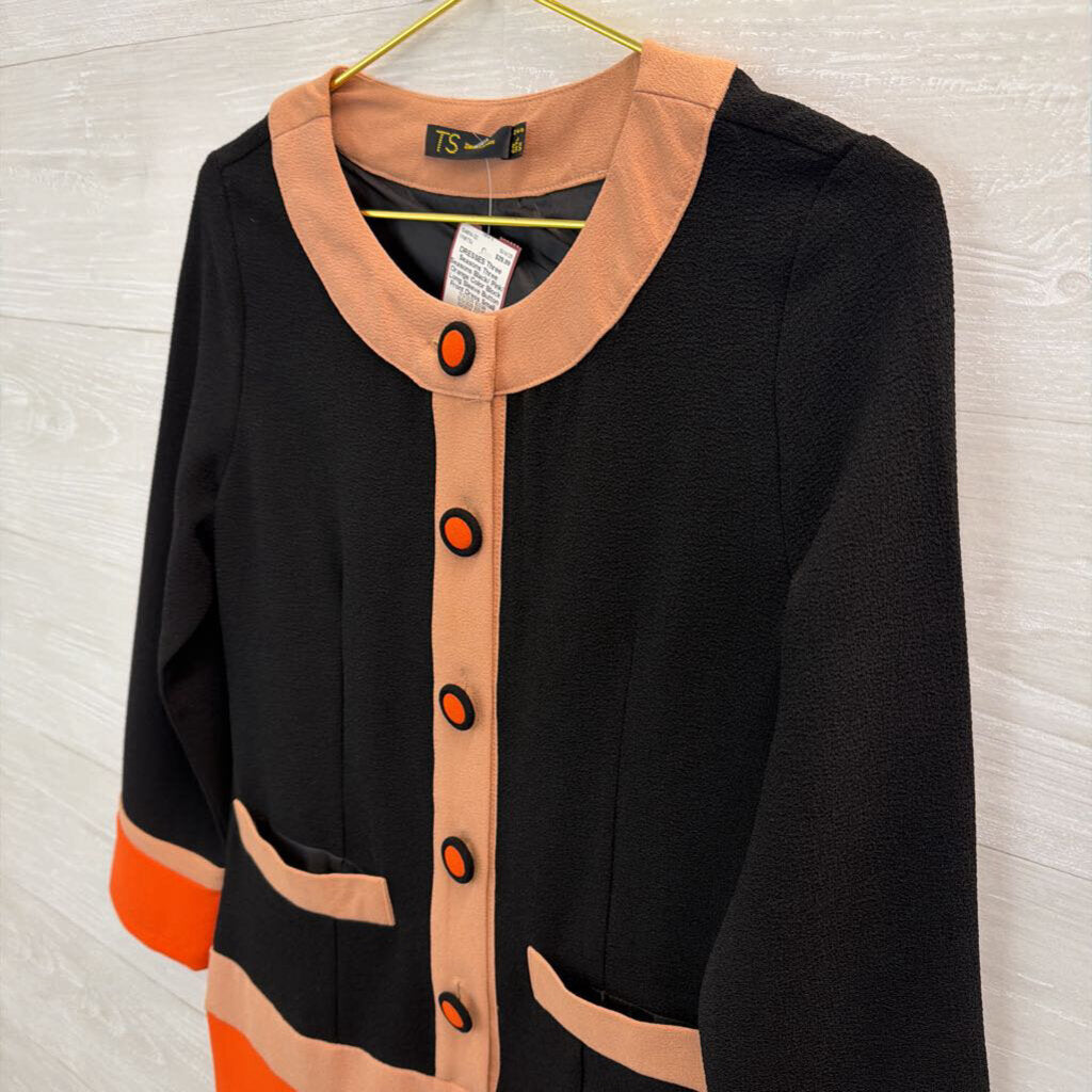 Three Seasons Black/ Pink/ Orange Color Block Long Sleeve Button Front Dress Small