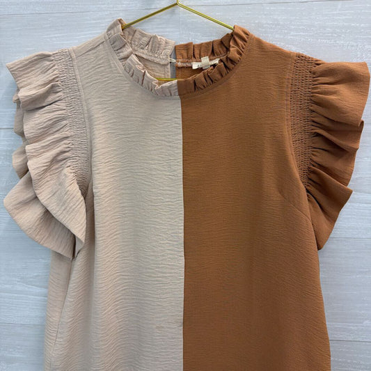 Jodifl Beige/ Brown Color Block Short Flutter Sleeve Top Small