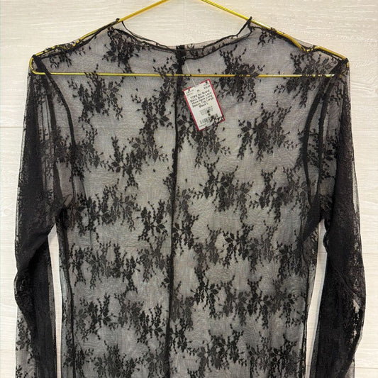 Black Sheer Lace Mock Neck Long Sleeve Top Large