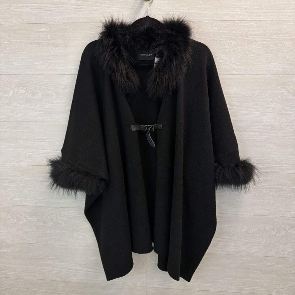 Dolce Cabo Black Fur Lined Trim Wrap Jacket Top One Size
