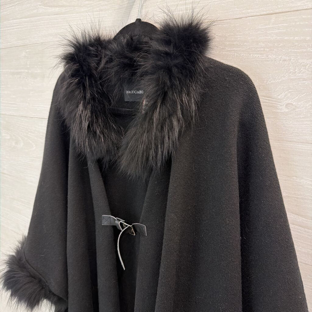 Dolce Cabo Black Fur Lined Trim Wrap Jacket Top One Size