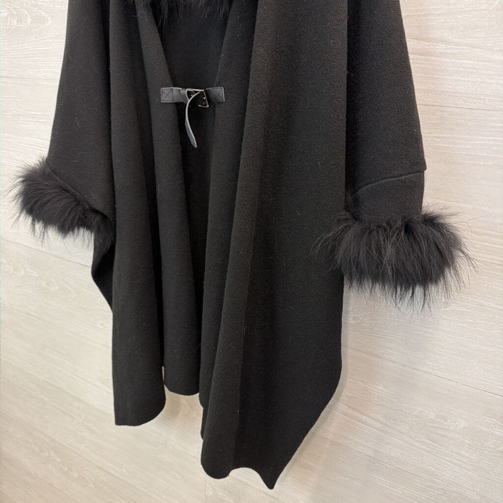 Dolce Cabo Black Fur Lined Trim Wrap Jacket Top One Size
