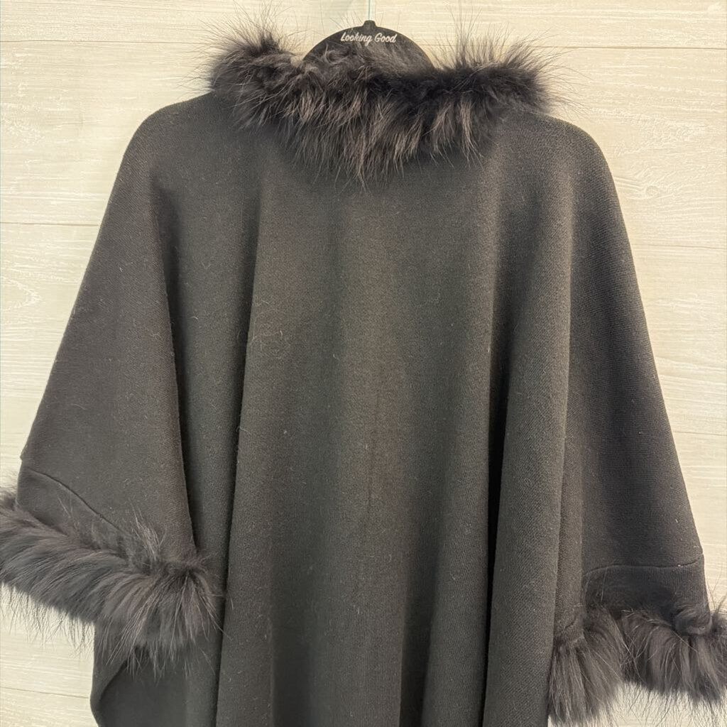 Dolce Cabo Black Fur Lined Trim Wrap Jacket Top One Size