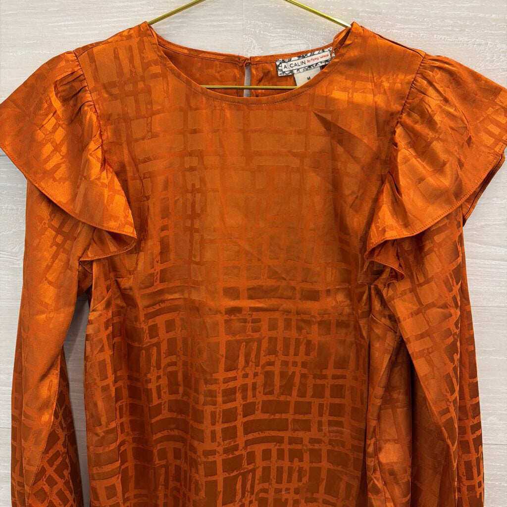A Calin Orange Silky Print Long Sleeve Top Medium