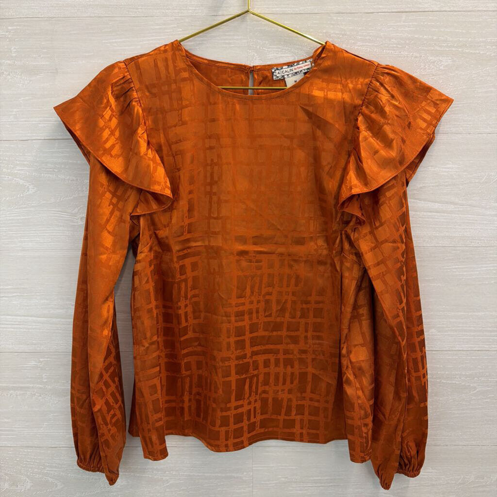 A Calin Orange Silky Print Long Sleeve Top Medium