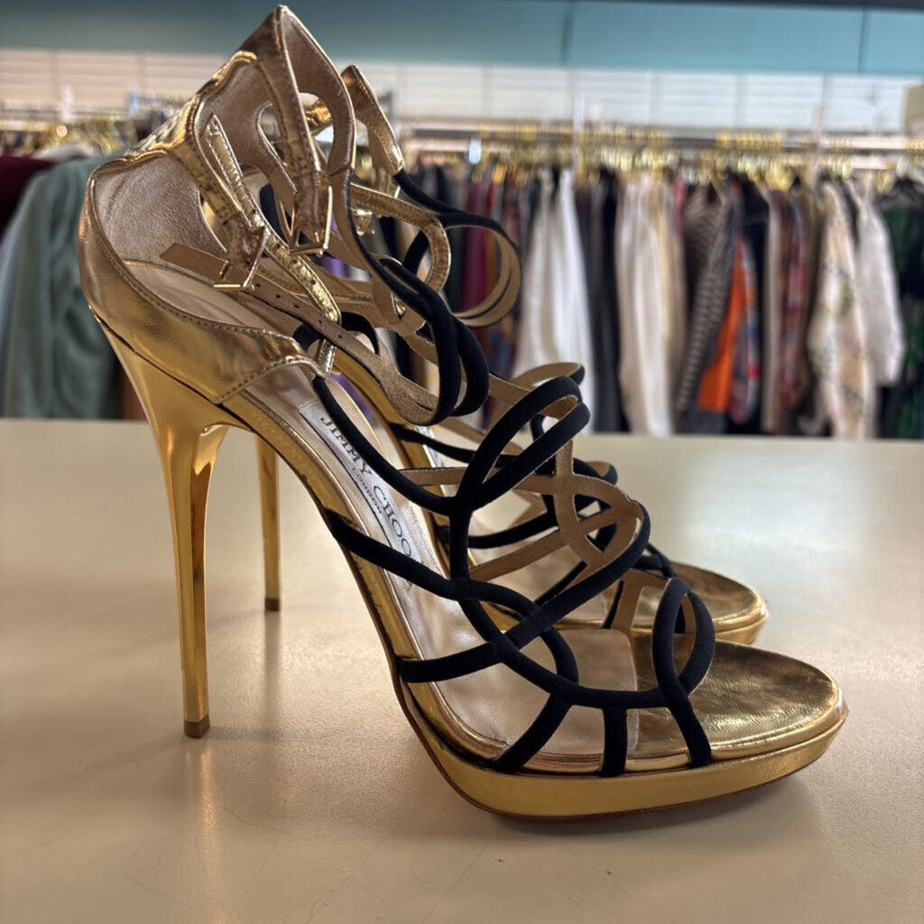 Jimmy Choo Bunting Caged Metallic Leather Strappy Heels 40