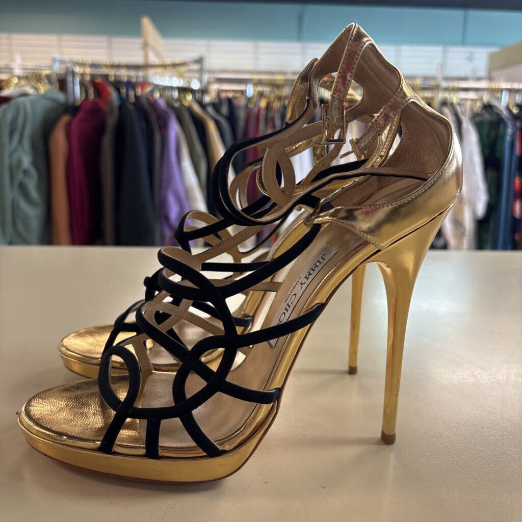 Jimmy Choo Bunting Caged Metallic Leather Strappy Heels 40