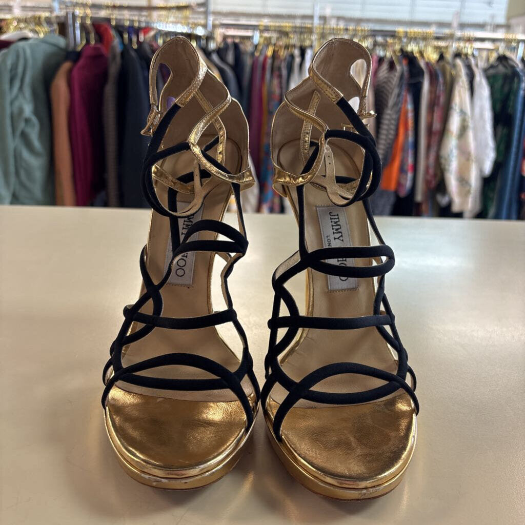 Jimmy Choo Bunting Caged Metallic Leather Strappy Heels 40