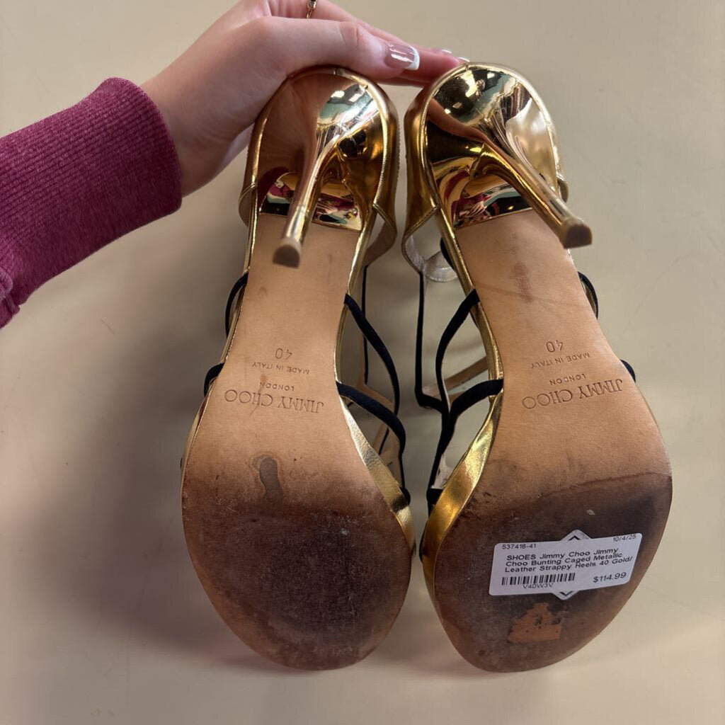 Jimmy Choo Bunting Caged Metallic Leather Strappy Heels 40