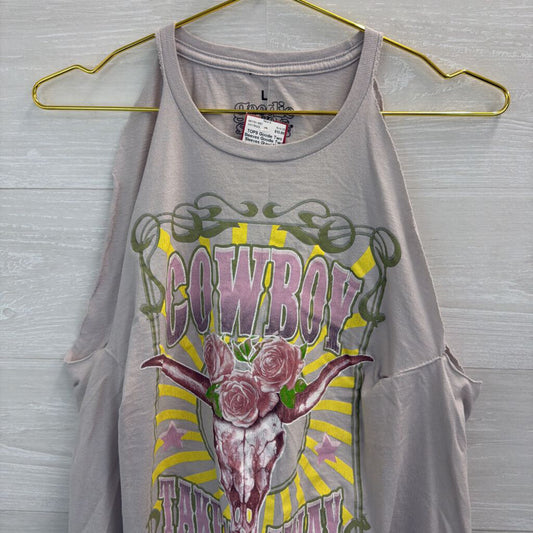 Goodie Two Sleeves Grey/ Multi Cowboy Sleeveless Distressed Graphic Tee Large