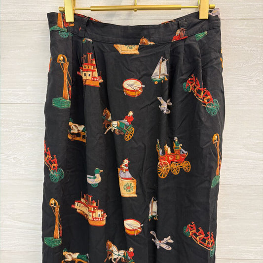 Vintage Sharon Young Black/ Multi Vintage Toys Print Midi Skirt 10