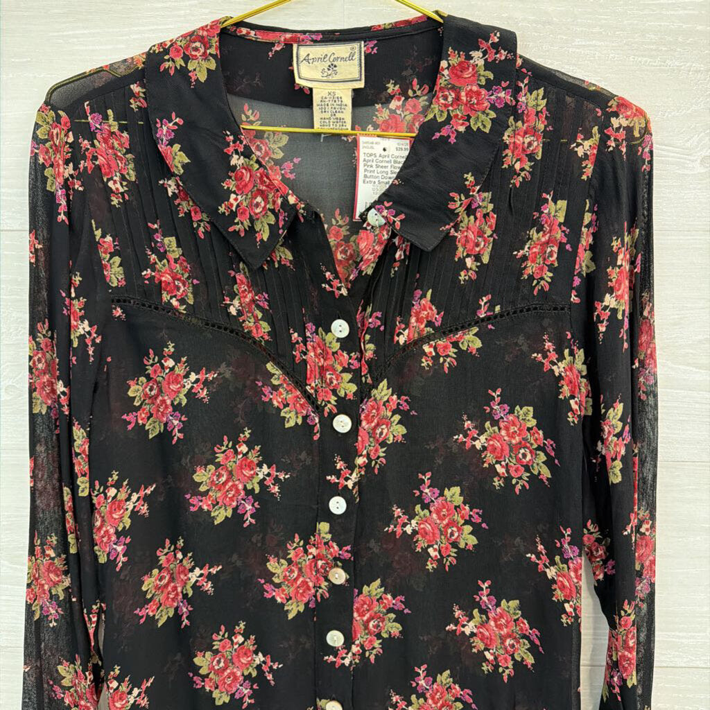 April Cornell Black/ Pink Sheer Flower Print Long Sleeve Button Down Top Extra Small