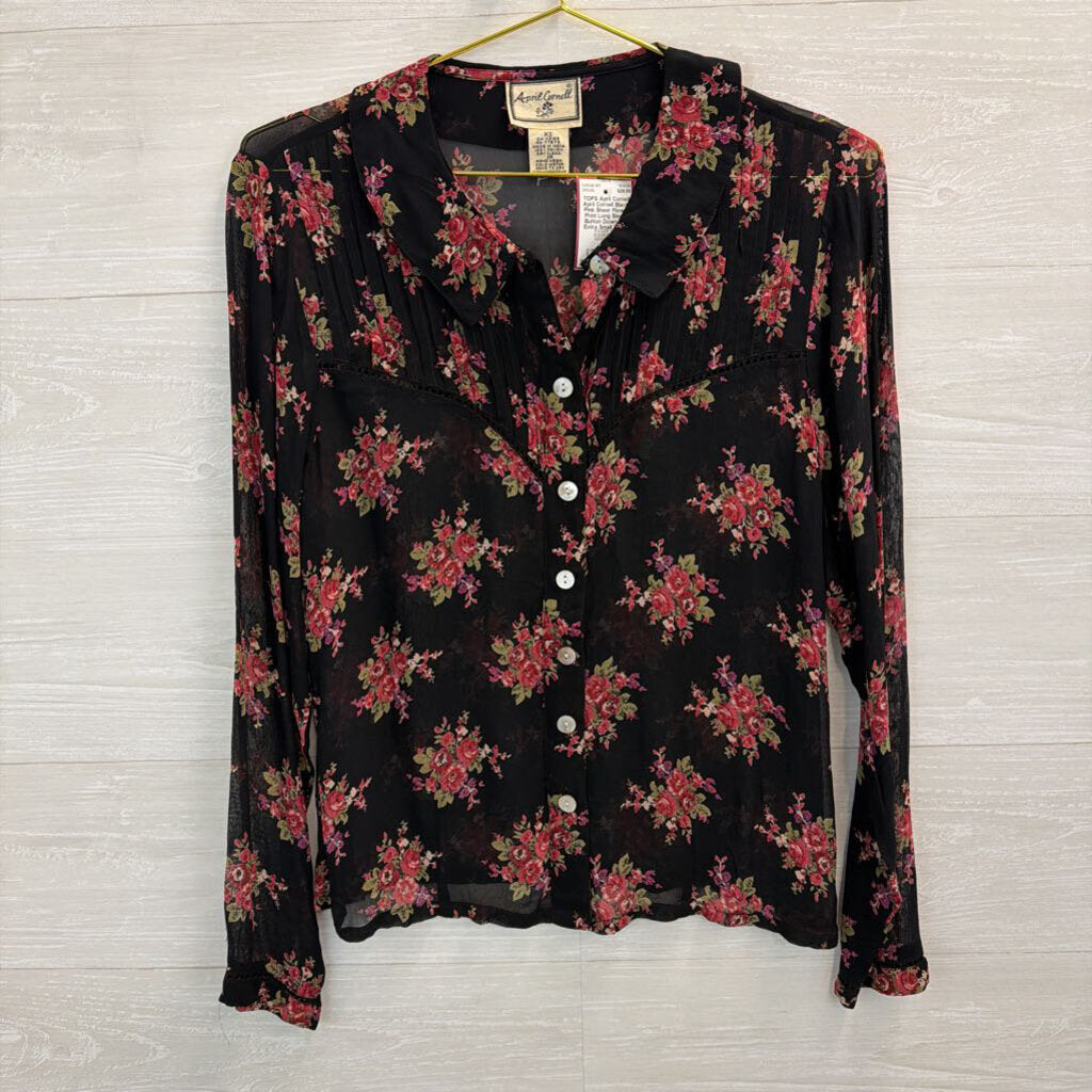 April Cornell Black/ Pink Sheer Flower Print Long Sleeve Button Down Top Extra Small