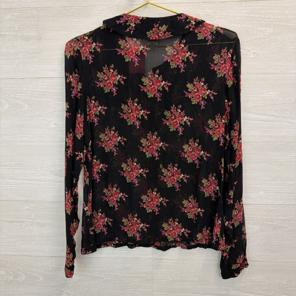 April Cornell Black/ Pink Sheer Flower Print Long Sleeve Button Down Top Extra Small