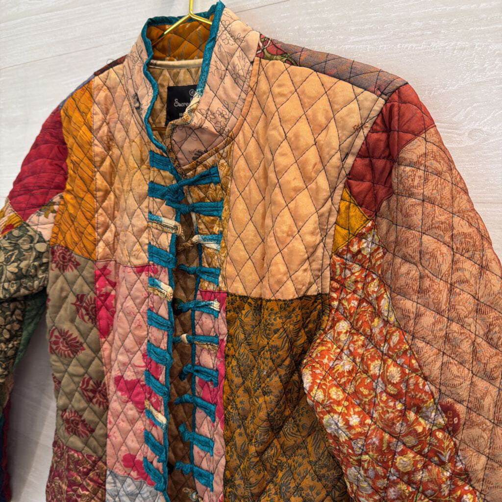 Sacred Threads Brown/ Multi Quilted Print Long Jacket Small/ Medium