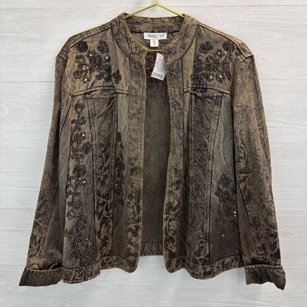 Coldwater Creek Grey Sheen Embroidered Open Front Jacket Top Extra Large