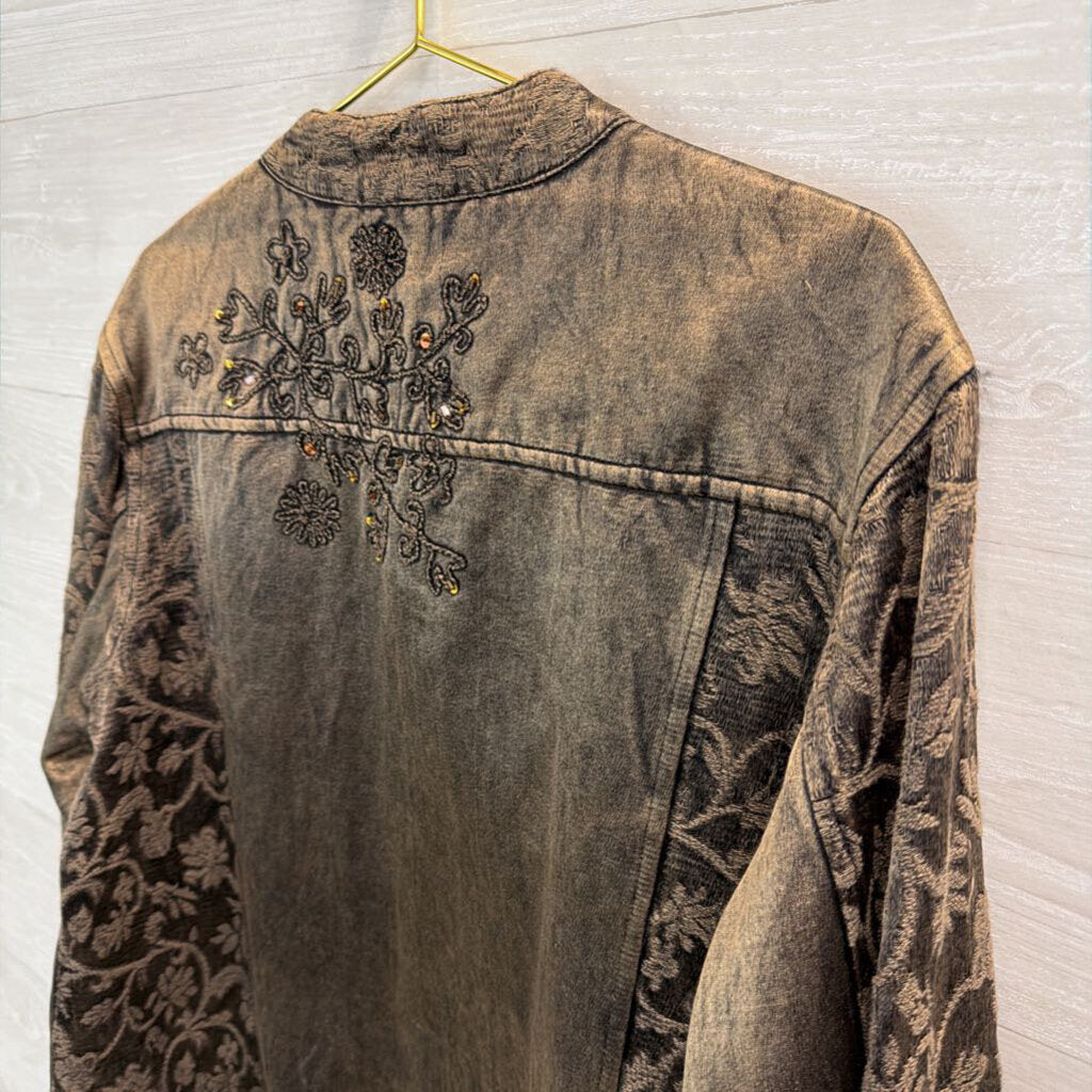 Coldwater Creek Grey Sheen Embroidered Open Front Jacket Top Extra Large