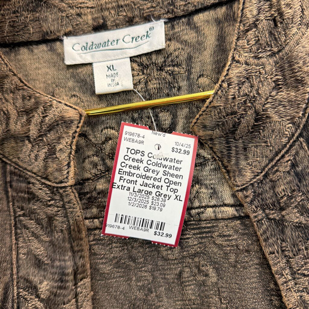 Coldwater Creek Grey Sheen Embroidered Open Front Jacket Top Extra Large