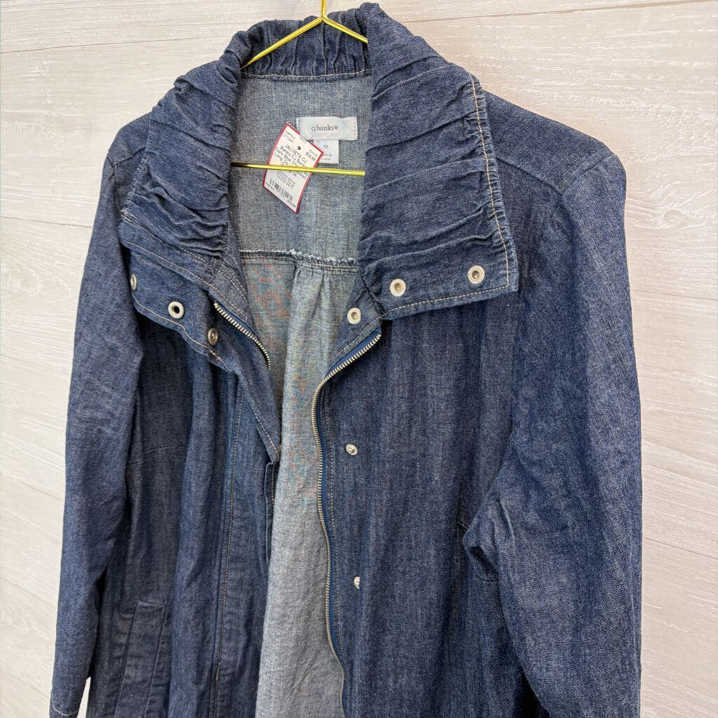 CJ Banks Dark Blue Chambray Long Zip Up Jacket 1X