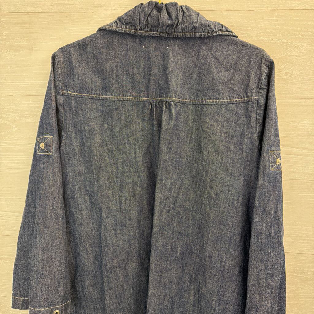 CJ Banks Dark Blue Chambray Long Zip Up Jacket 1X