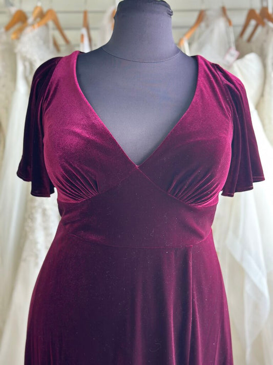 Azazie Burgundy Velvet Short Sleeve Long Formal Dress 22