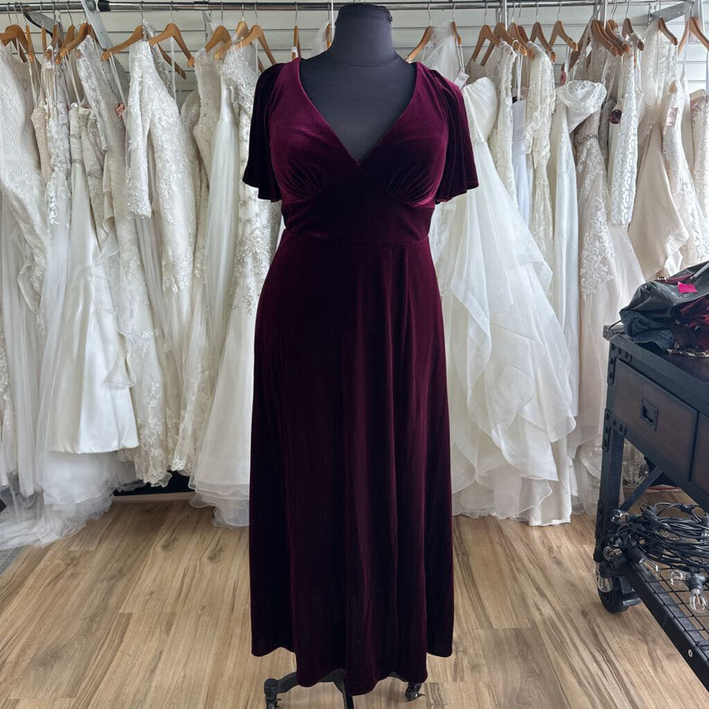 Azazie Burgundy Velvet Short Sleeve Long Formal Dress 22