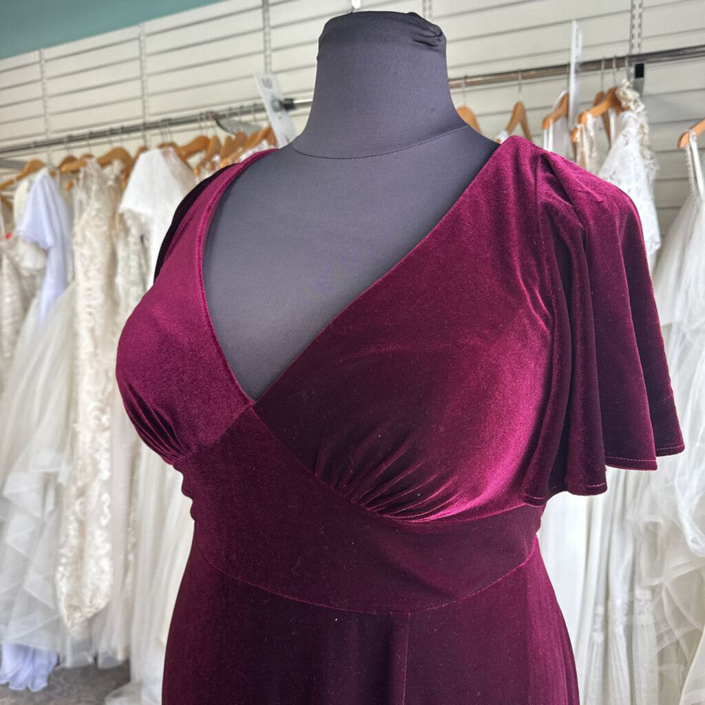 Azazie Burgundy Velvet Short Sleeve Long Formal Dress 22