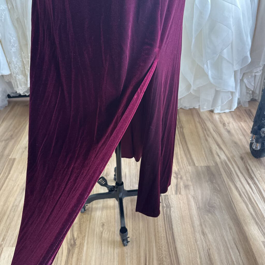 Azazie Burgundy Velvet Short Sleeve Long Formal Dress 22