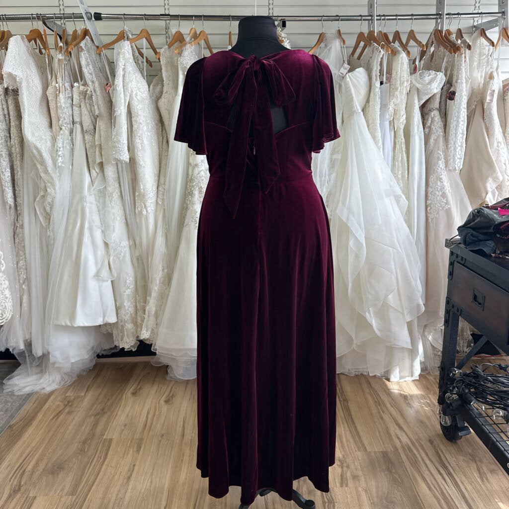 Azazie Burgundy Velvet Short Sleeve Long Formal Dress 22