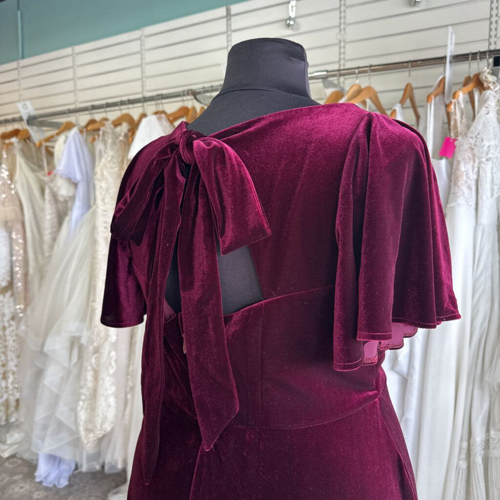 Azazie Burgundy Velvet Short Sleeve Long Formal Dress 22
