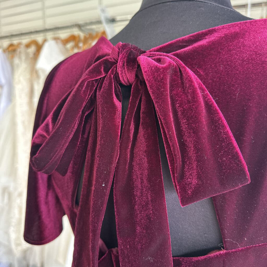 Azazie Burgundy Velvet Short Sleeve Long Formal Dress 22