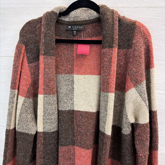 N Touch Brown/ Pink/ Cream Checkered Knit Long Sleeve Open Front Hooded Sweater PXL