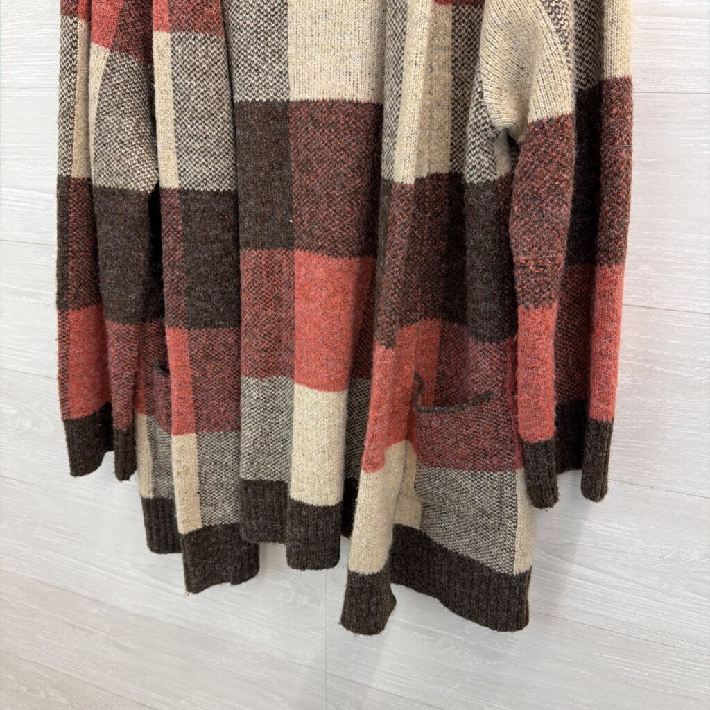 N Touch Brown/ Pink/ Cream Checkered Knit Long Sleeve Open Front Hooded Sweater PXL