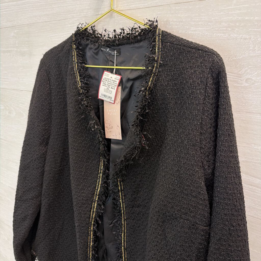Emery Rose Black Tweed Fringe Edge Open Front Jacket 2XL