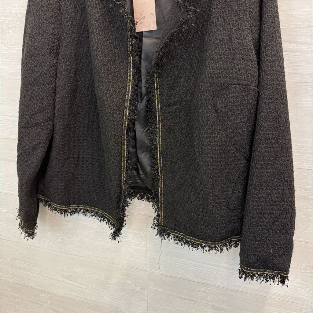 Emery Rose Black Tweed Fringe Edge Open Front Jacket 2XL