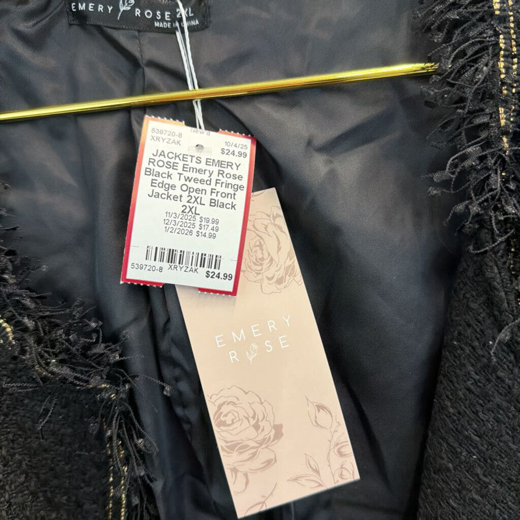 Emery Rose Black Tweed Fringe Edge Open Front Jacket 2XL