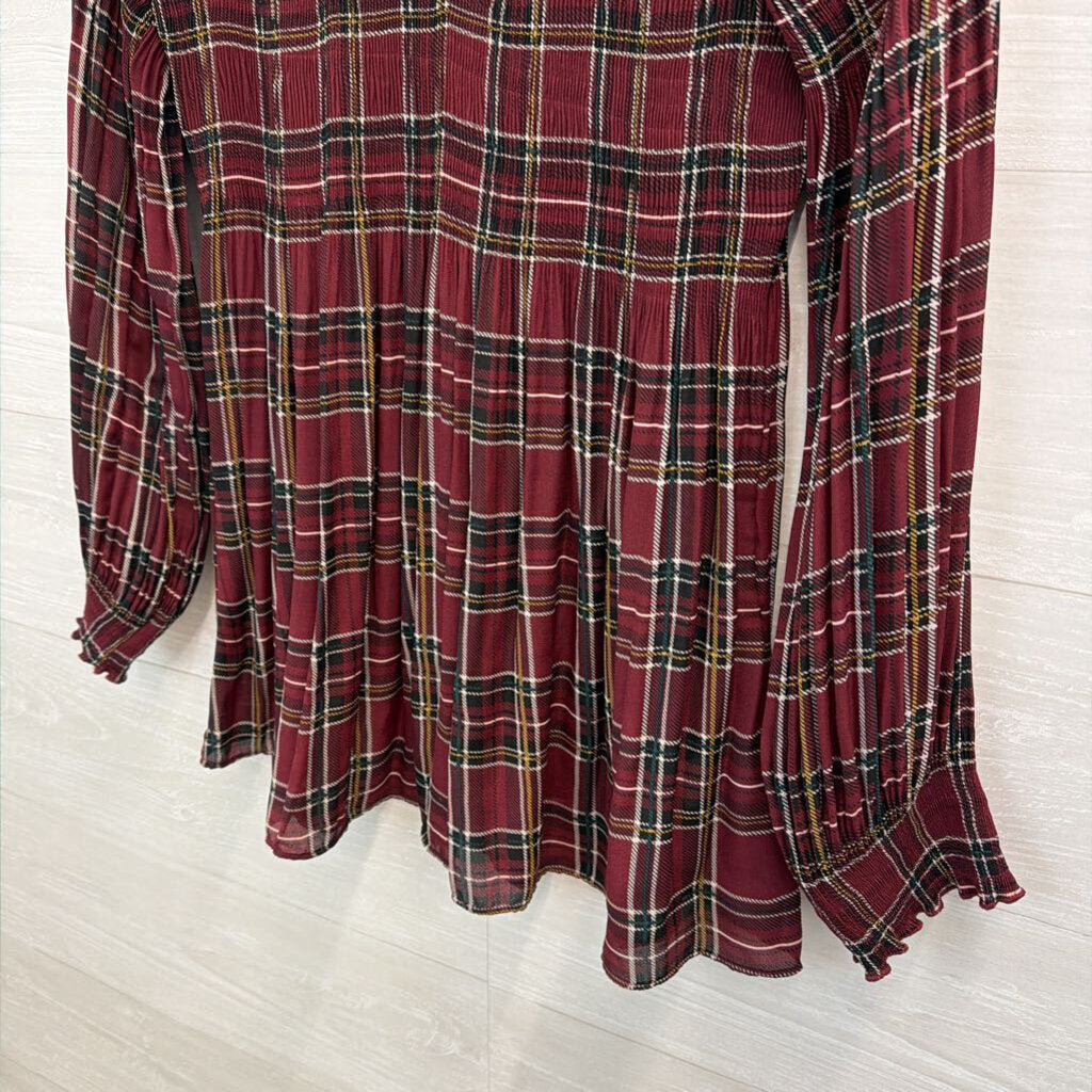 Melissa Paige Burgundy Plaid Pleated Long Sleeve Top Medium