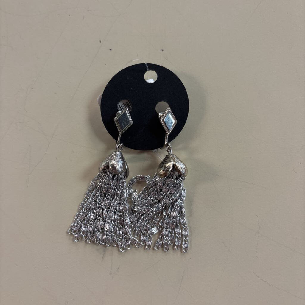 Vintage Silver Tassel Dangle Clip On Statement Earrings